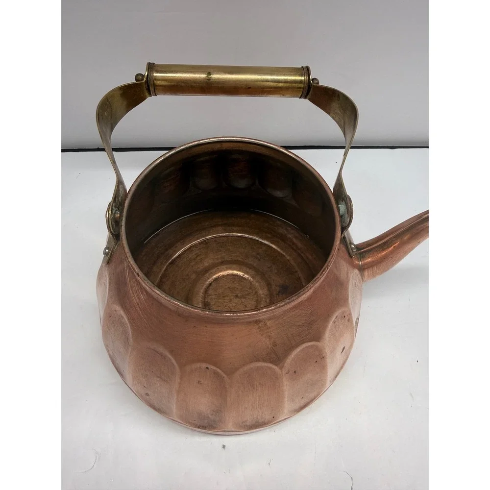 Vintage Copper Tea Kettle Brass Handle Fluted Thumbprint Design Rustic Decor